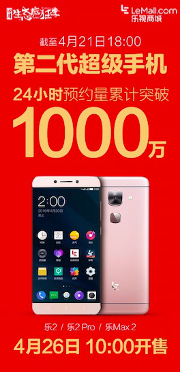 樂視二代手機(jī)首日預(yù)約量破1000萬