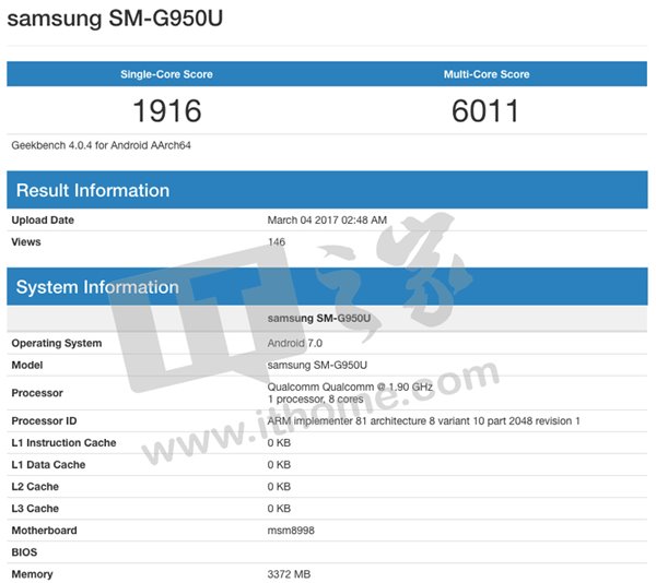 三星S8手機(jī)跑分首曝光：搭載驍龍835，4GB內(nèi)存